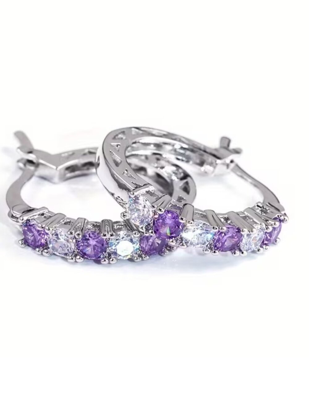 Round Amethyst & Diamonds Cubic Zirconia Hoop Earrings Silver Plate Filigree